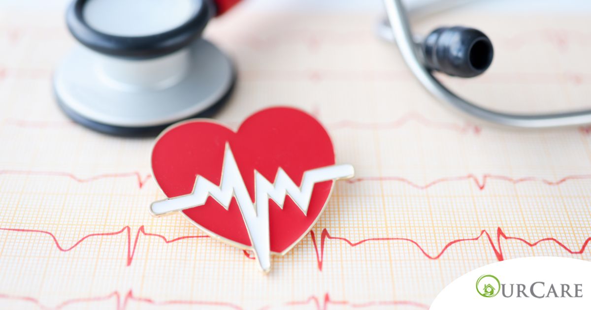 A heart symbol with an electrocardiogram line, an electrocardiogram sheet, and a stethoscope represents heart health.