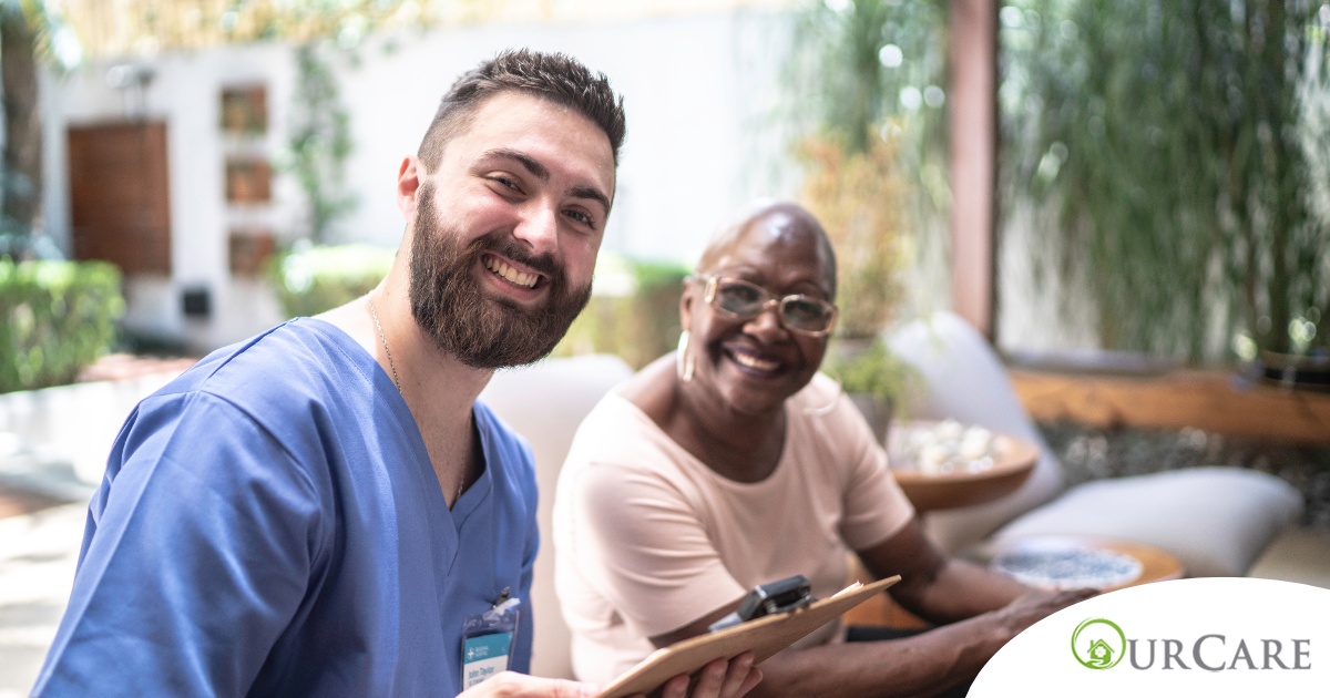 A caregiver and client smile showing that a career as a caregiver can be rewarding.