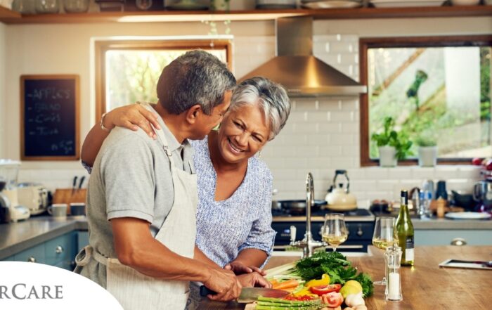 An older couple prepares healthy food together representing National Nutrition Month.