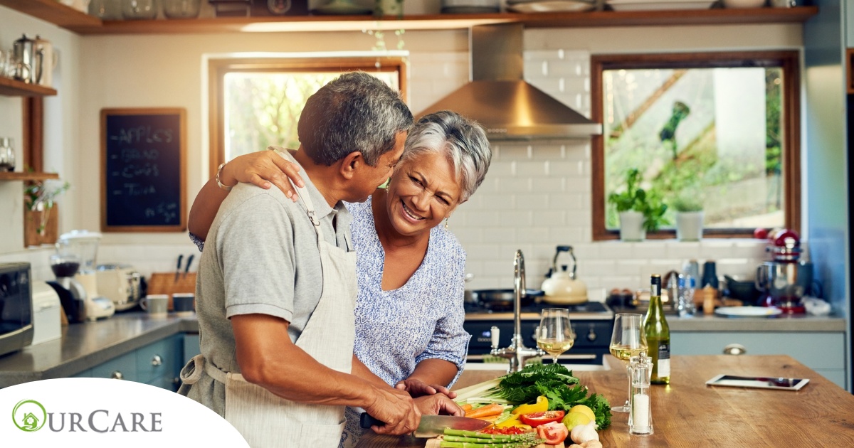 An older couple prepares healthy food together representing National Nutrition Month.